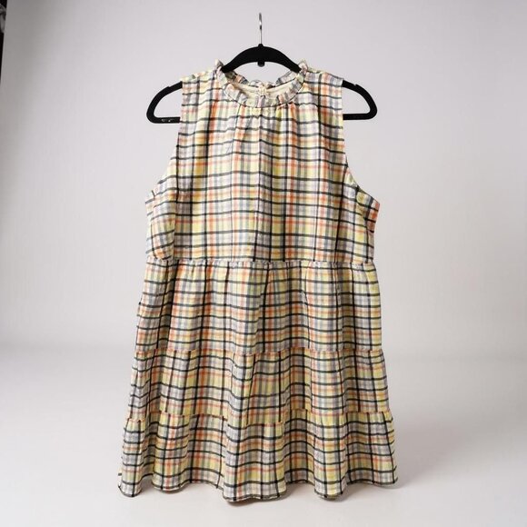 Loft Sleeveless Pastel Plaid Tiered Dress With Ruffle Neckline L - Picture 9 of 9